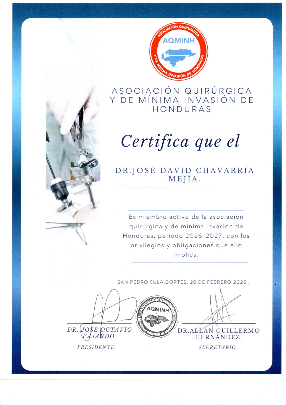 Certificado Dr. José David Chavarría Mejía