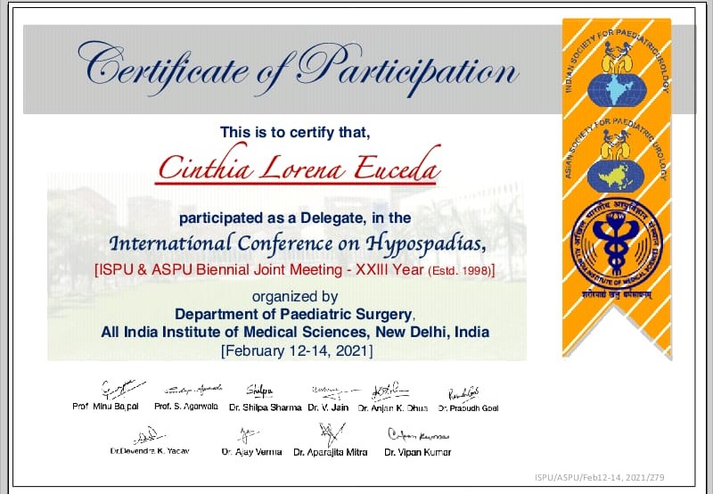 Certificado de Participación en "International Conference on Hypospadias"