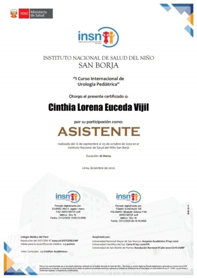 Certificado de Participación en "I Curso Internacional de Urología Pediátrica"