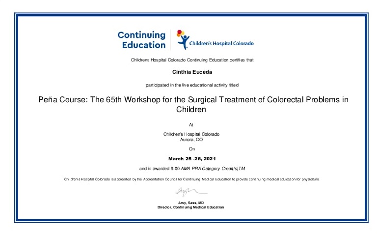 Certificado de Participación en "CHILDREN'S HOSPITAL COLORADO"