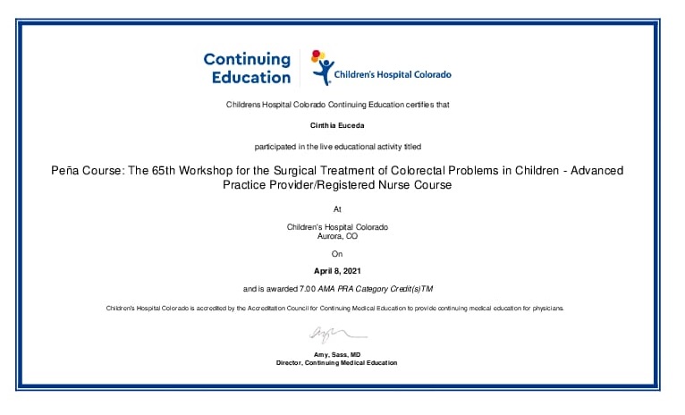 Certificado de Participación en "CHILDREN'S HOSPITAL COLORADO"