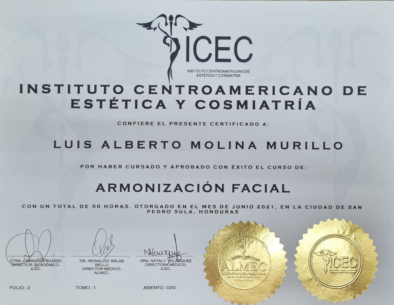 Certificado de participación y aprobación de curso "Armonización facial" del ICEC 